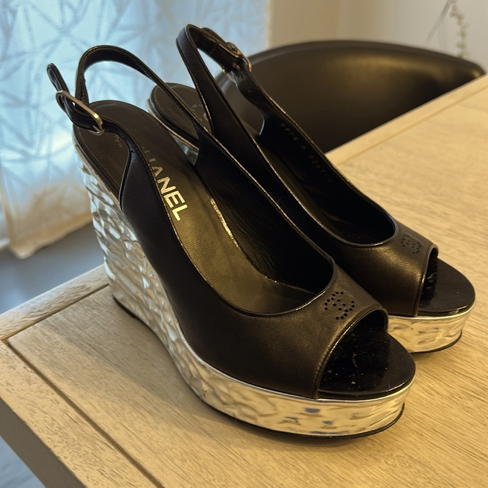 Authentic Chanel Black Wedge sandals size 37
